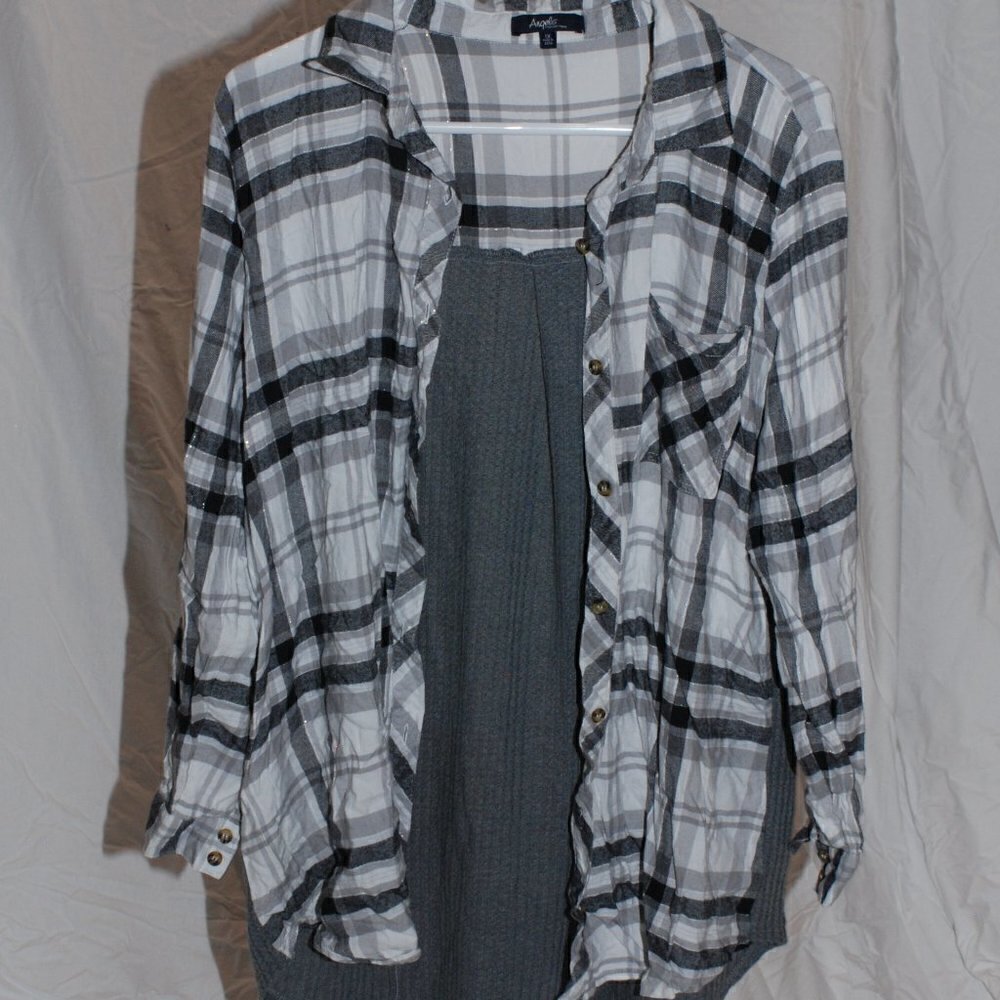 Angels Forever Young Womens 1X Plaid Shirt Breathable Back Long Sleeve Sparkle